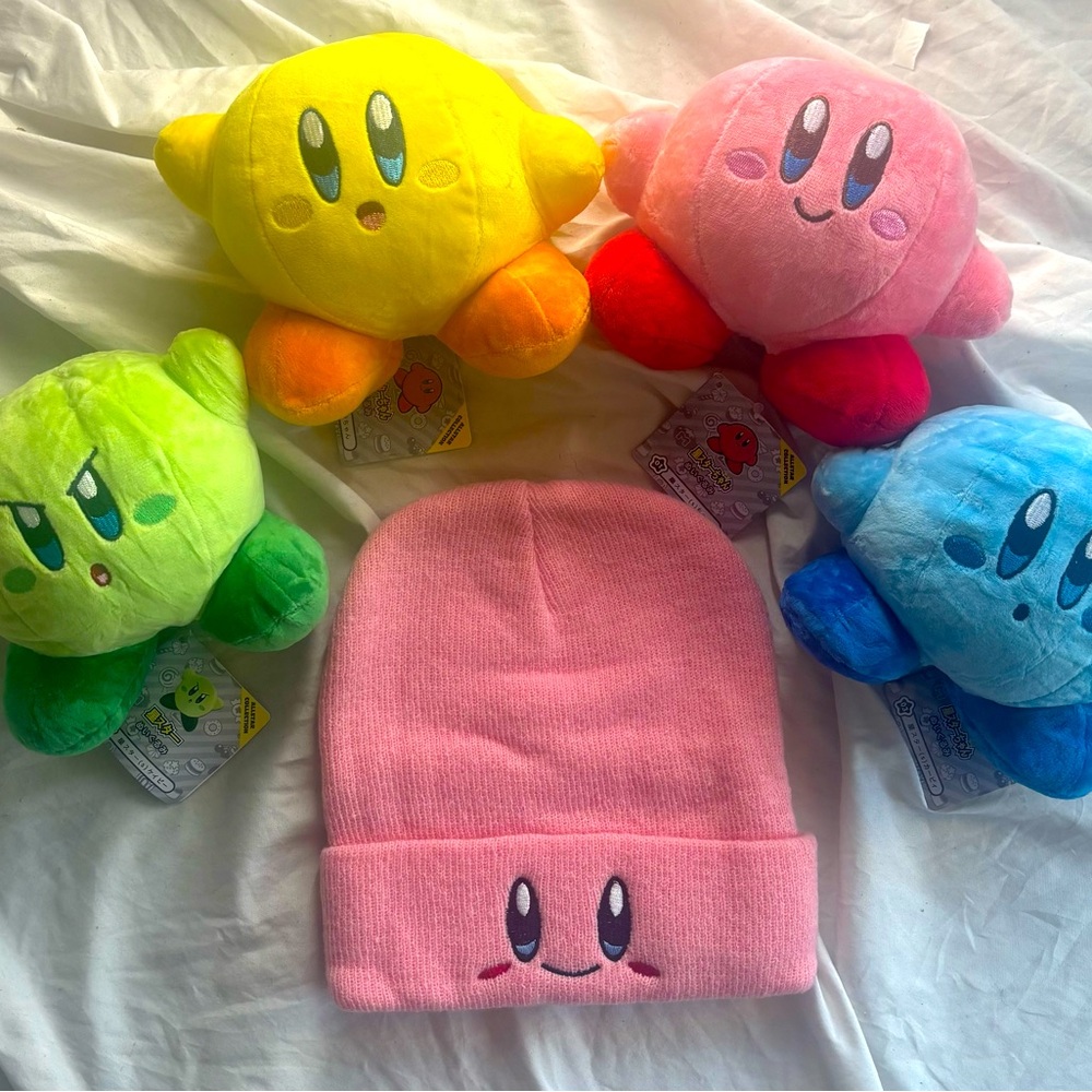 Kirby Plush Stuffed Toy Set with Pink Beanie